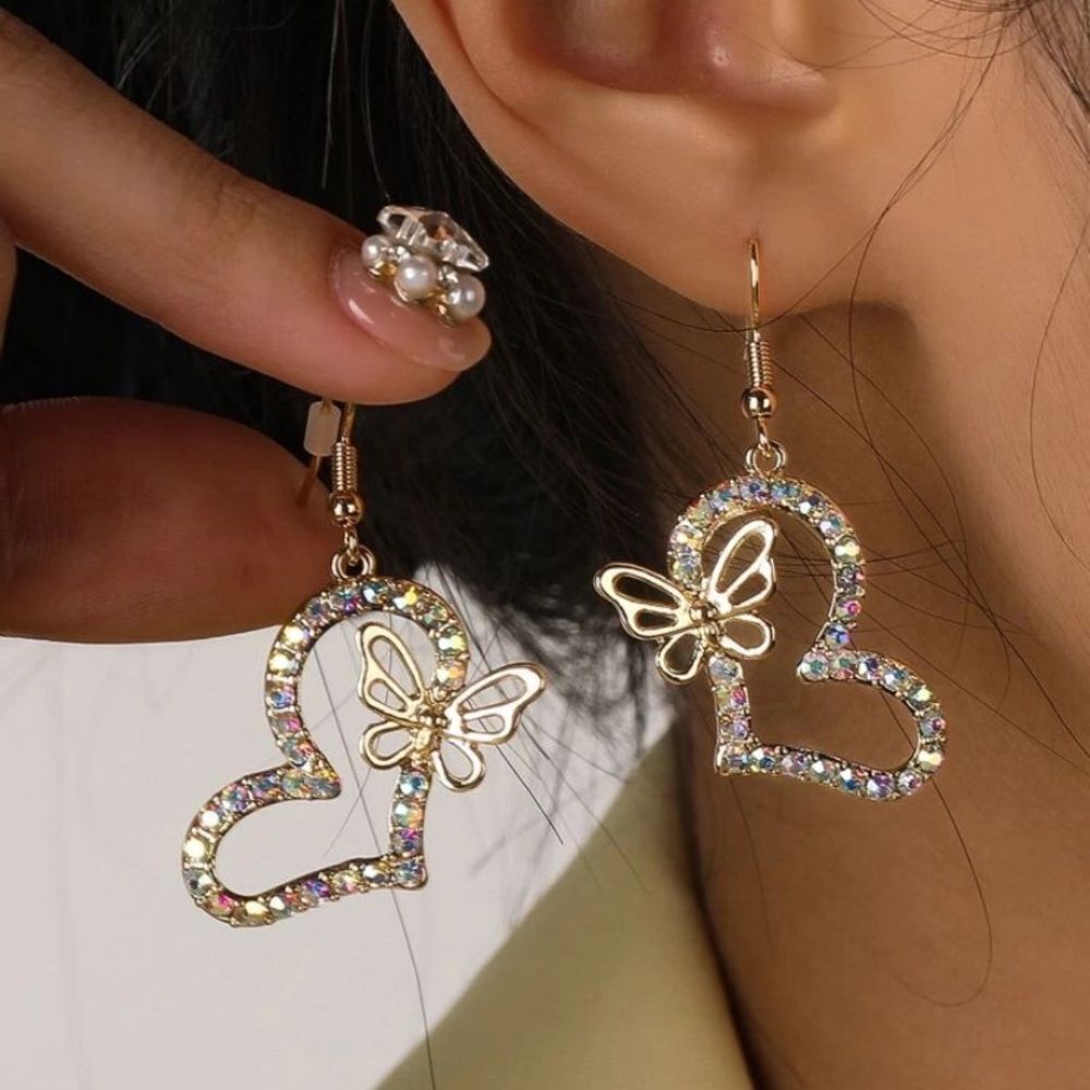 3for$20 2pcs Rhinestone Heart & Butterfly Decor Earrings